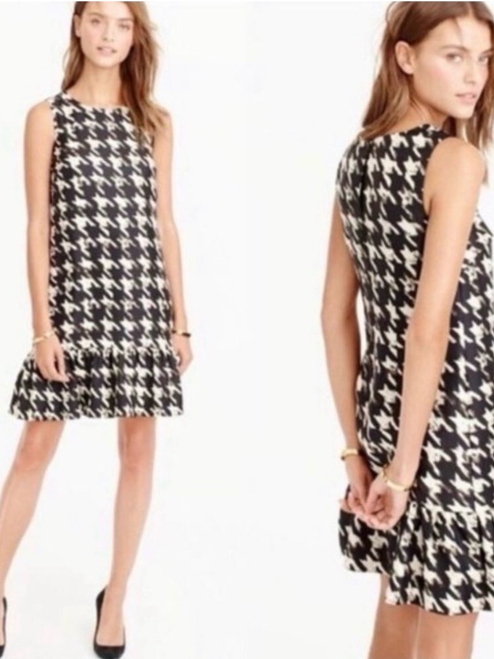 J. Crew Black & White Houndstooth Sleeveless Ruffle-Hem Dress